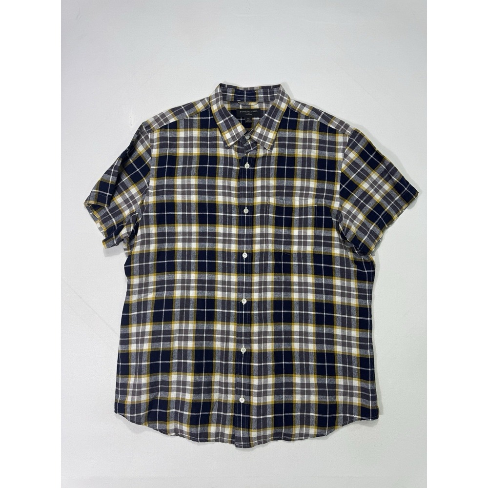 Banana Republic Men's XL Linen Blend Button Shirt Blue Yellow Plaid Lightweight